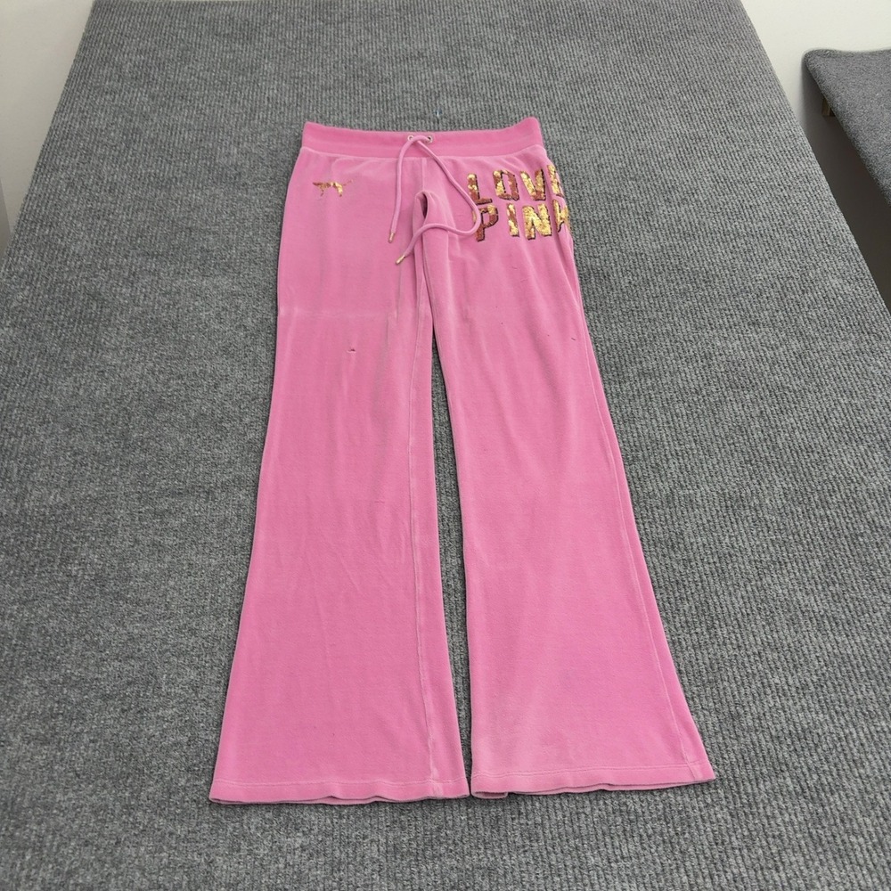 Victorias Secret PINK Pants Women XS Pink Cotton Velour Sequin Flare Y2K Style